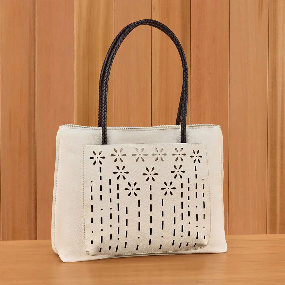 22 Tote Vegan Leather Flower Zip Tote Handbag with Pockets