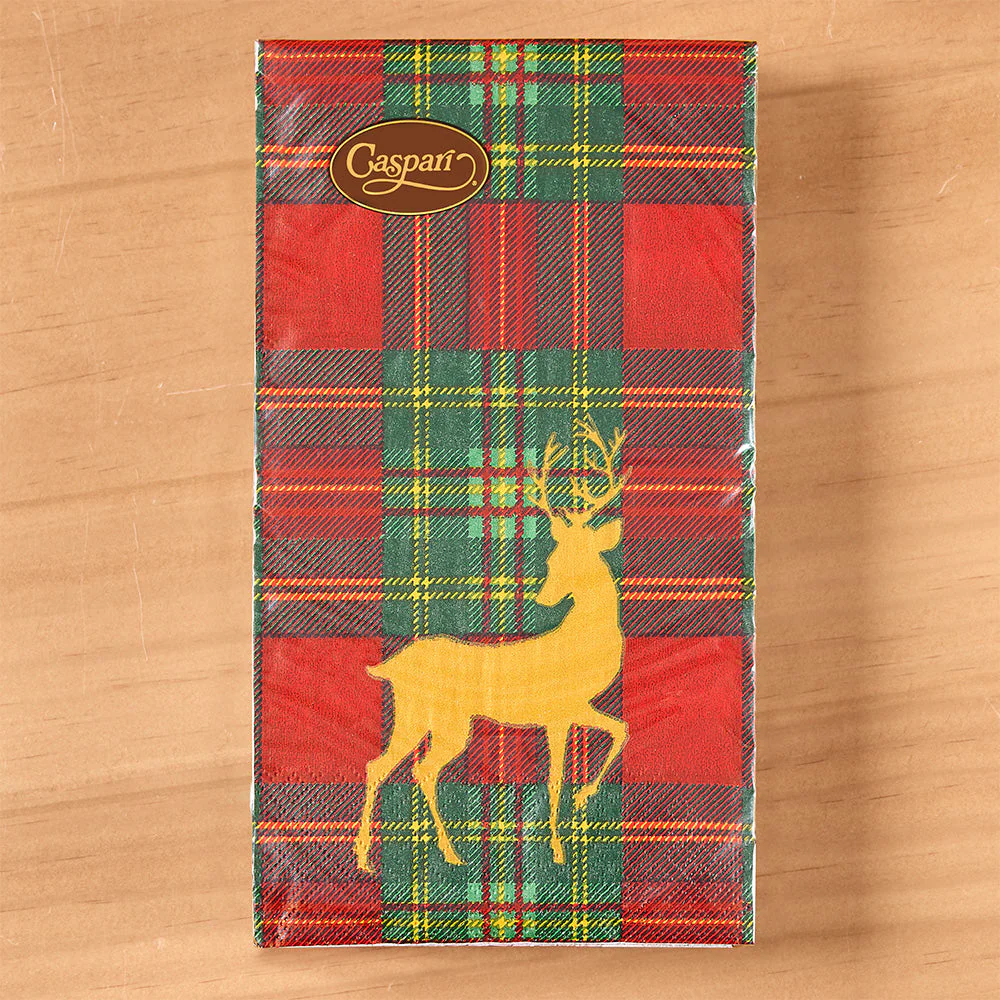 Caspari Paper Napkins, Christmas Reindeer on Red Tartan