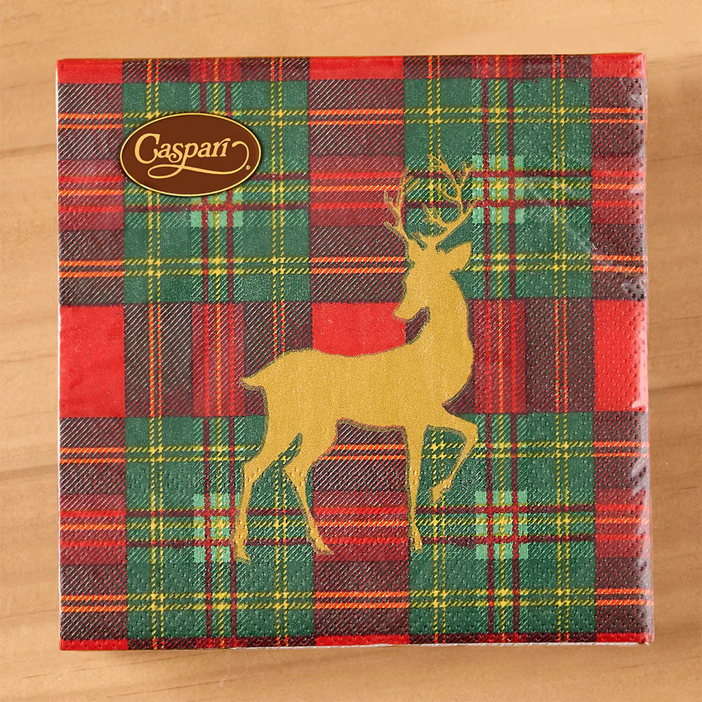 Caspari Paper Napkins, Christmas Reindeer on Red Tartan - Image 2