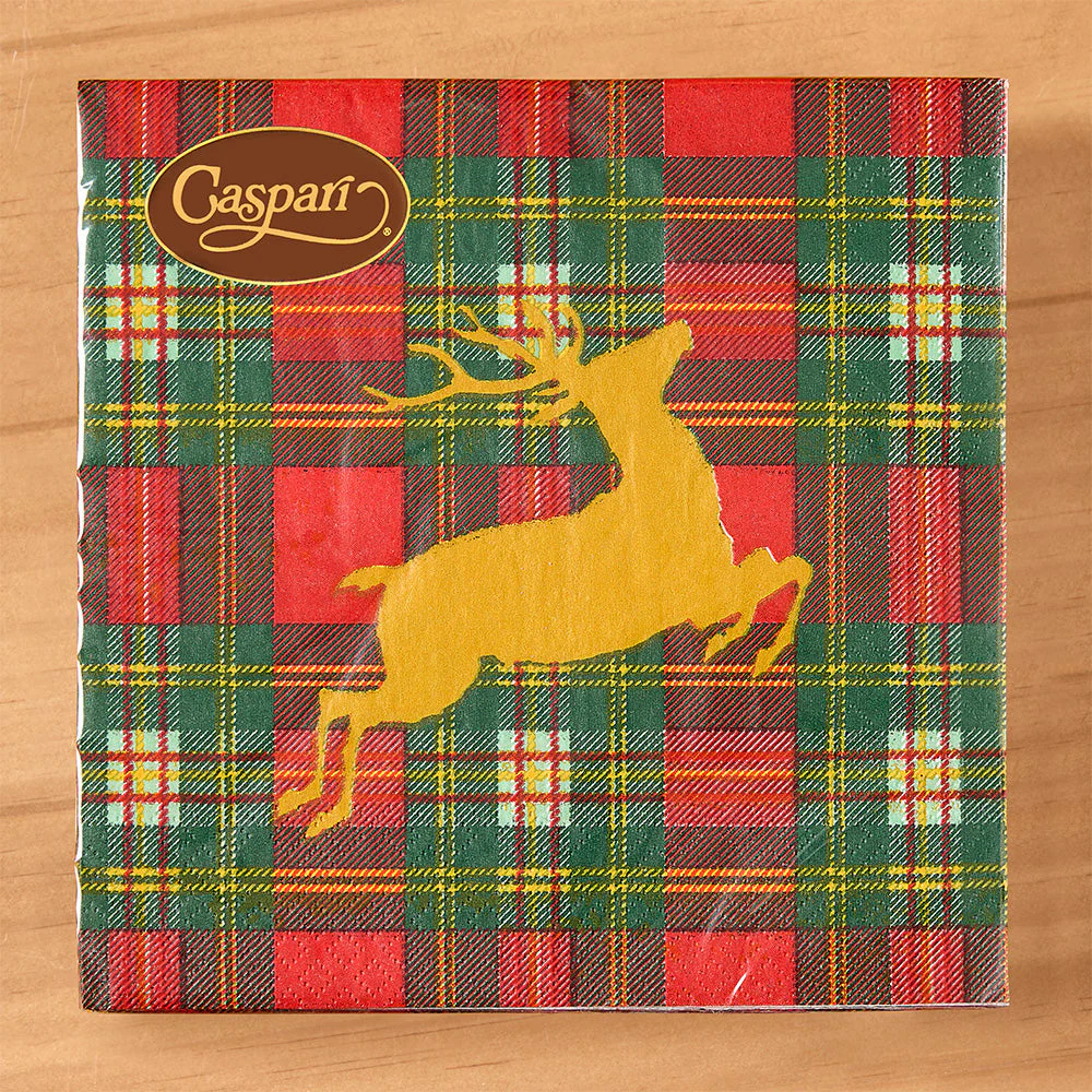 Caspari Paper Napkins, Christmas Reindeer on Red Tartan - Image 3