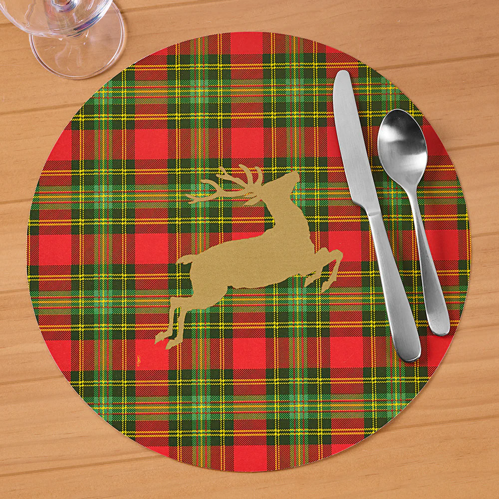 Caspari Paper Placemats, Christmas Reindeer on Red Tartan