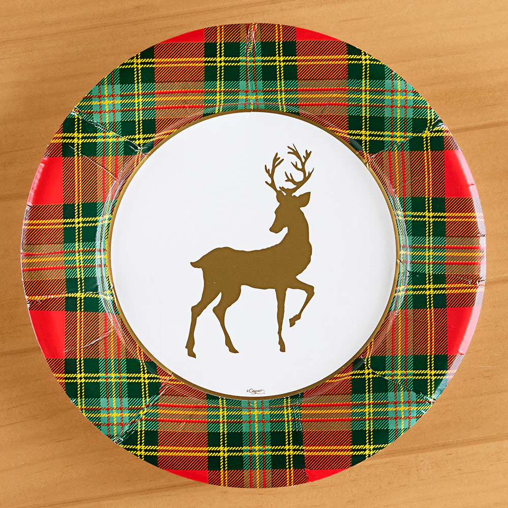Caspari Paper Plates, Christmas Reindeer on Red Tartan
