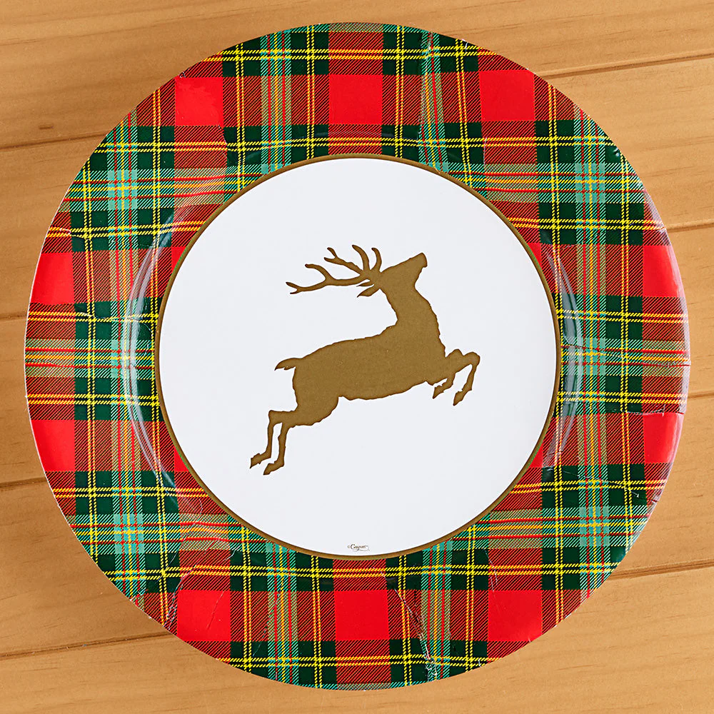 Caspari Paper Plates, Christmas Reindeer on Red Tartan - Image 2