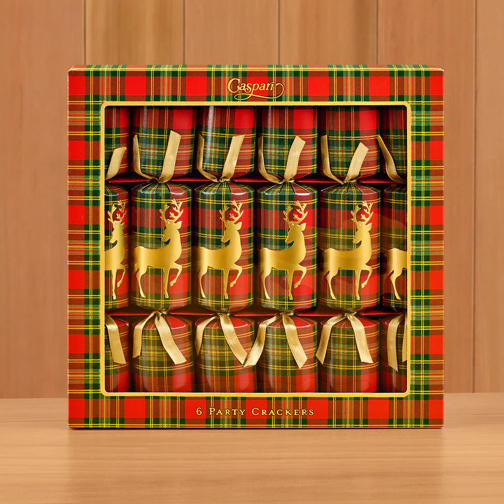 Caspari Party Crackers, Christmas Reindeer on Red Tartan