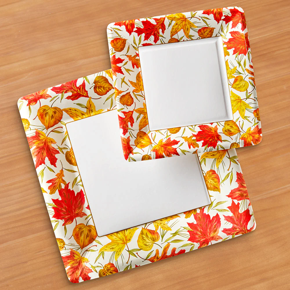 Caspari Square Paper Plates, Woodland Leaves - Image 2