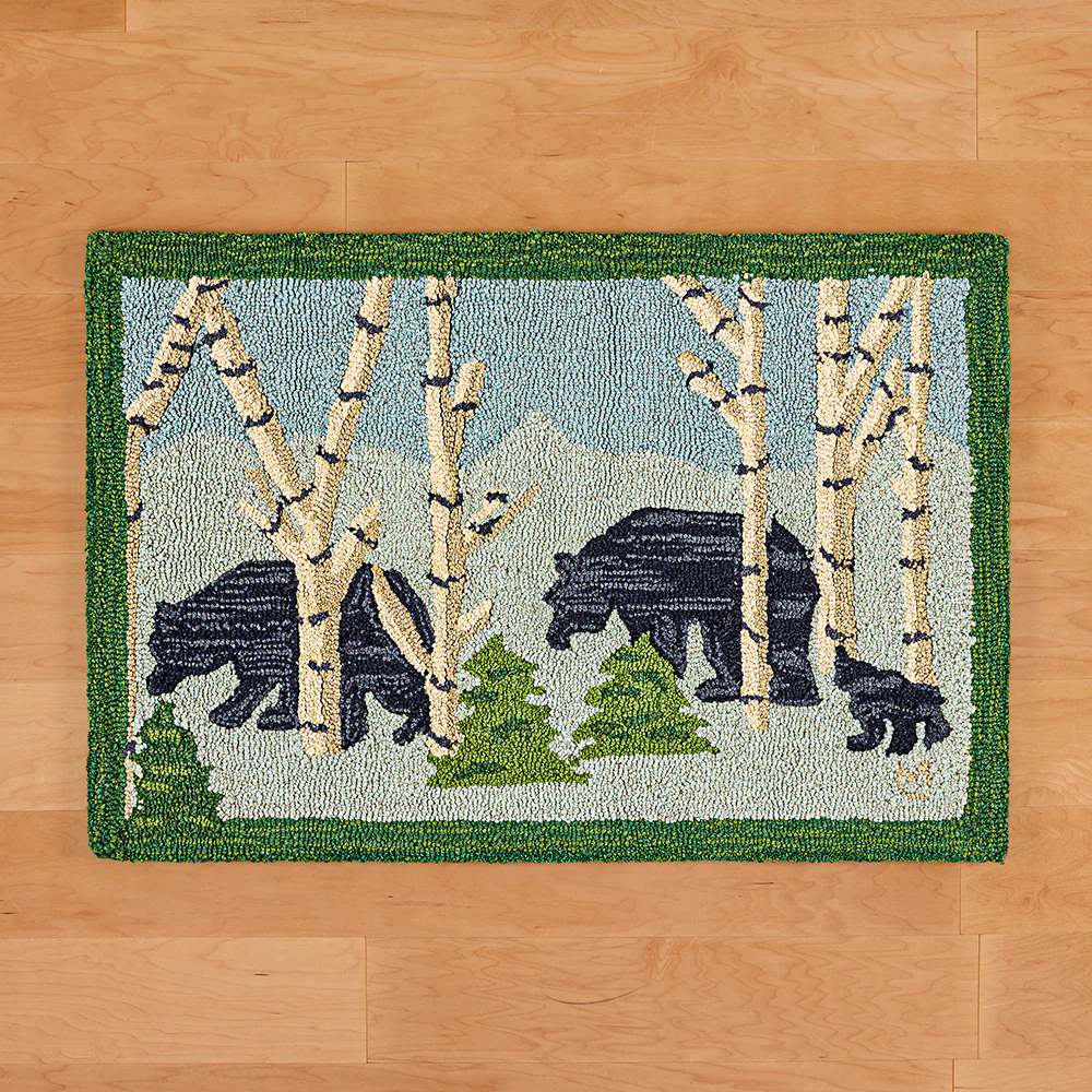 Chandler 4 Corners 2' x 3' Hooked Wool Rug, Three Bears in Birch Woods