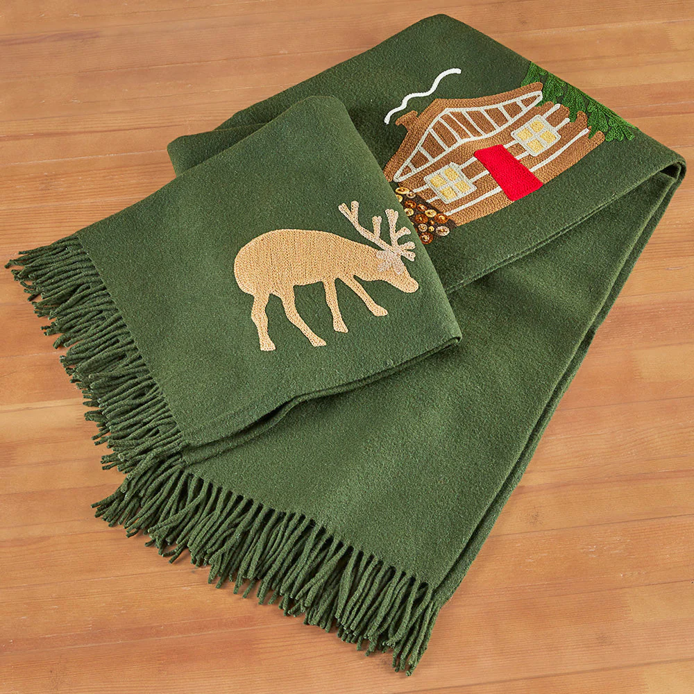 Chandler 4 Corners Hooked Wool Blanket, Hunting Cabin