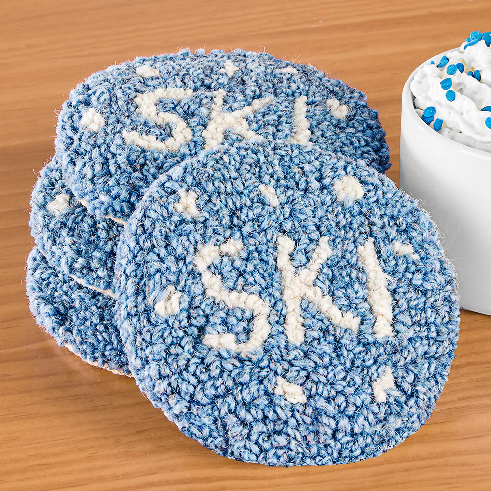 Chandler 4 Corners Hooked Wool Coaster Set, "SKI"