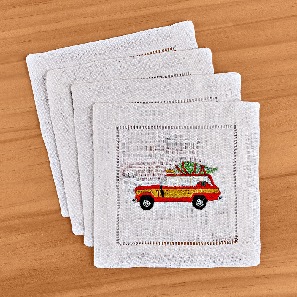Chefanie Embroidered Linen Cocktail Napkin Set, Woody Wagon with Christmas Tree - Image 2