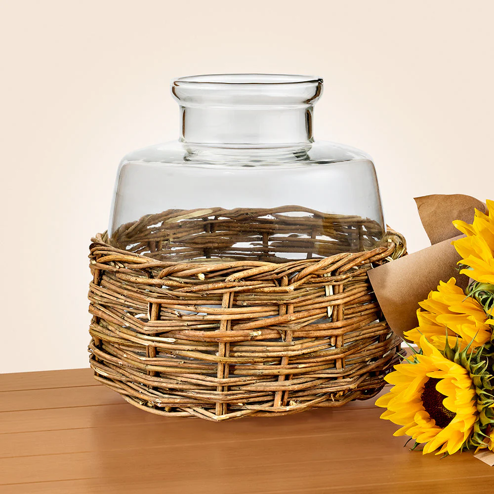 Glass Bottle Vase in Woven Rattan Basket