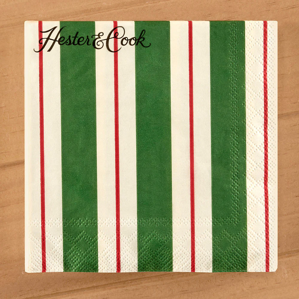 Hester & Cook Paper Napkins, Christmas Green & Red Awning Stripe