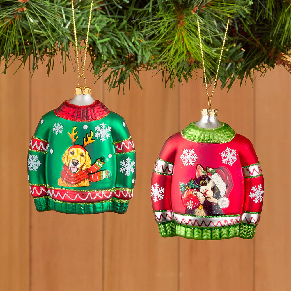 Kurt Adler Glass Ornament, Santa Cat and Dog Christmas Sweater