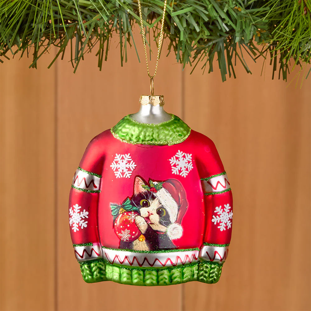 Kurt Adler Glass Ornament, Santa Cat and Dog Christmas Sweater - Image 3