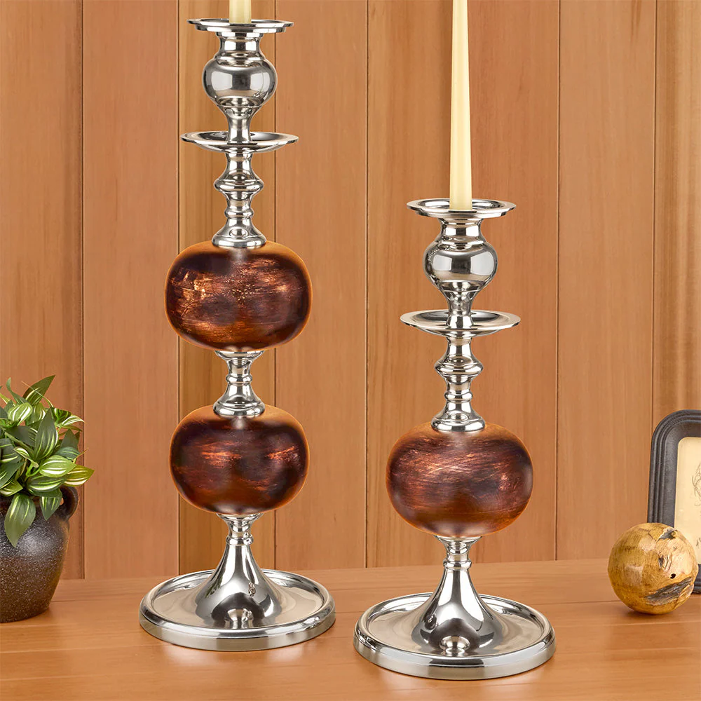 Silver and Wood Spindle Pillar Candleholders - Image 2