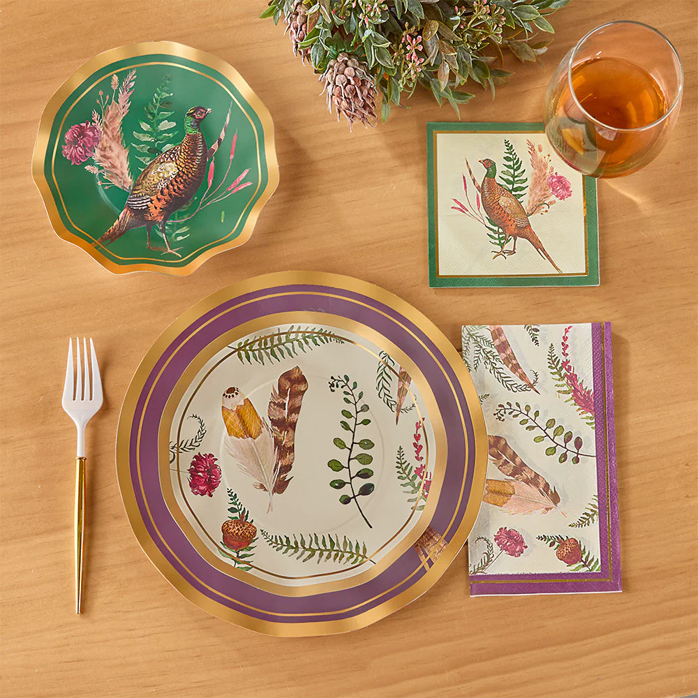 Sophistiplate Paper Plates and Napkins, Thanksgiving Pheasant Feather Grove