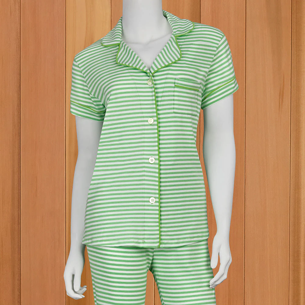 The Cat's Pajamas Women's Pima Knit Capri Pajama Set, Pistachio Essential Stripe