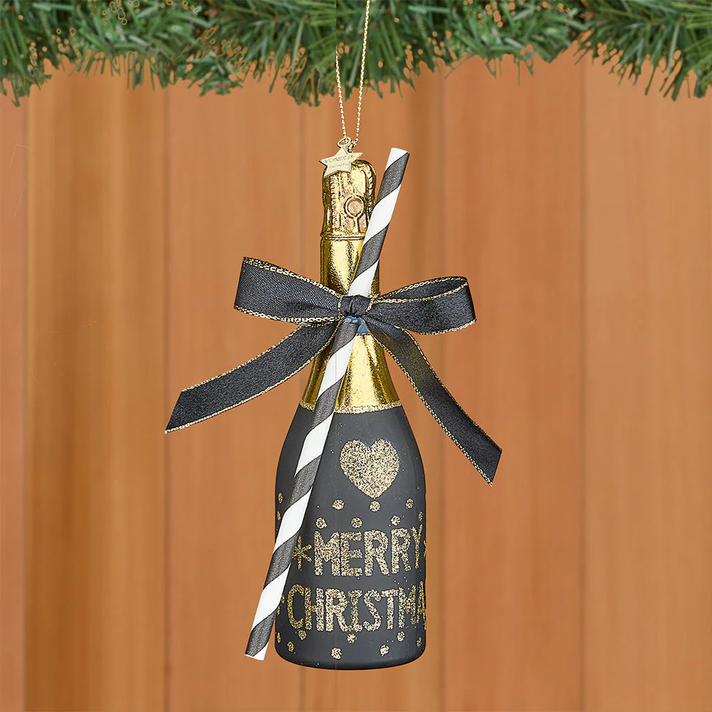 Vondels Glass Ornament, Black Champagne Bottle